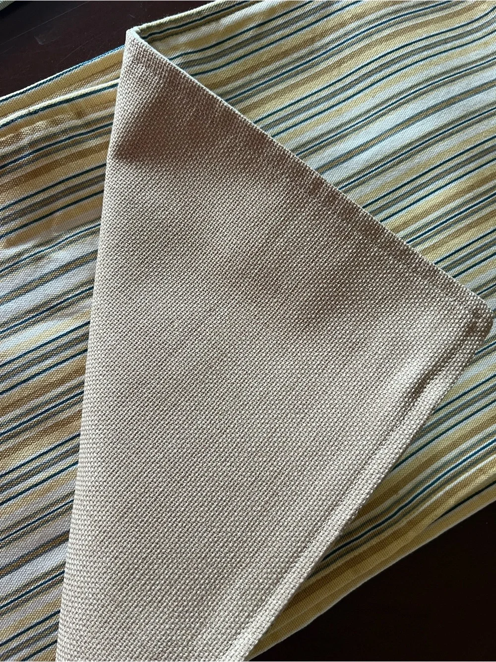 Table Runner and Placement Set of 4 Subdued Yellow striped denim Back solid Gold